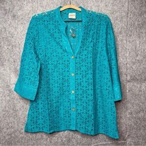 NWOT Bedford Fair Turquoise Cotton Blend 3/4 Sleeve Lace Top- Sz‎ 1X